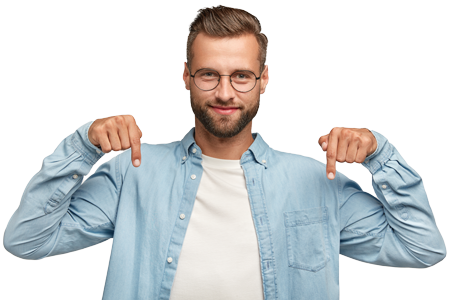 man smiling and pointing at webinar countdown